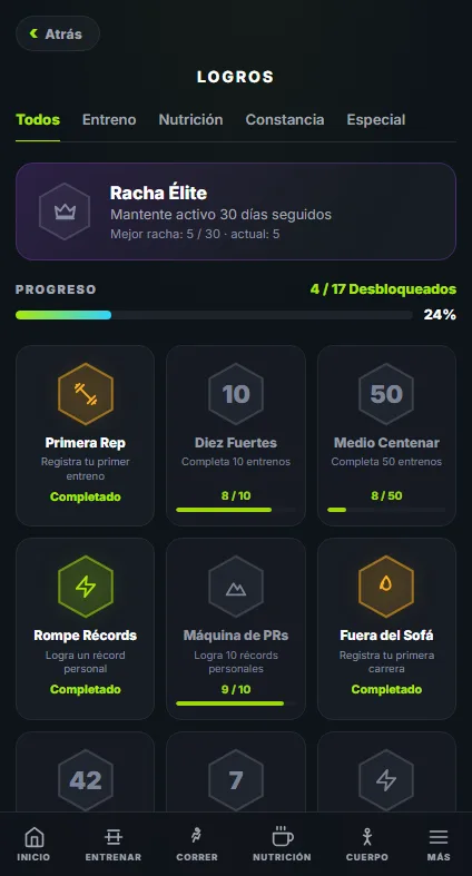 Tablero de logros de APEX con insignias de entrenamiento desbloqueadas y el progreso total hacia el conjunto completo