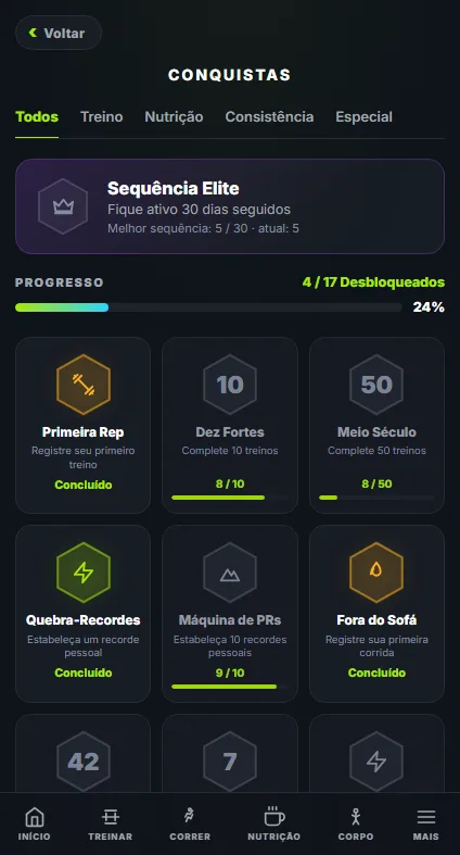 Quadro de conquistas do APEX com insígnias de treino desbloqueadas e o progresso total rumo ao conjunto completo