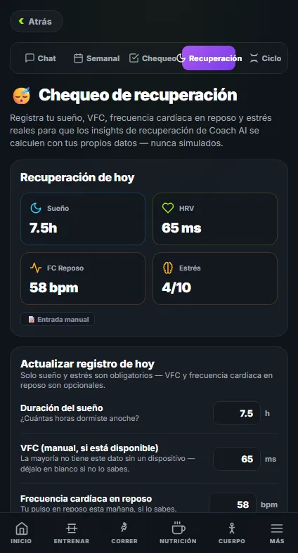 Check-in de recuperación de APEX con el sueño, HRV, pulso en reposo y estrés registrados hoy