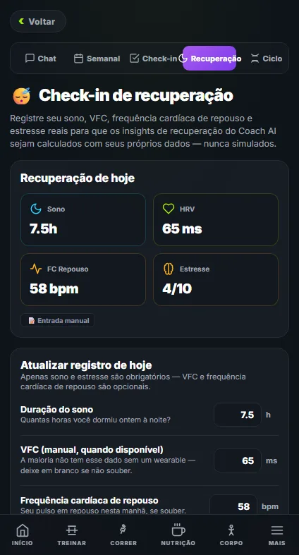 Check-in de recuperação do APEX com o sono, HRV, frequência cardíaca em repouso e estresse registrados hoje