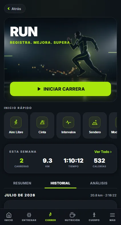 Pantalla de Carrera de APEX con el botón de iniciar carrera, inicios rápidos para exterior, cinta, intervalos y trail, y las carreras, distancia, tiempo y calorías de esta semana