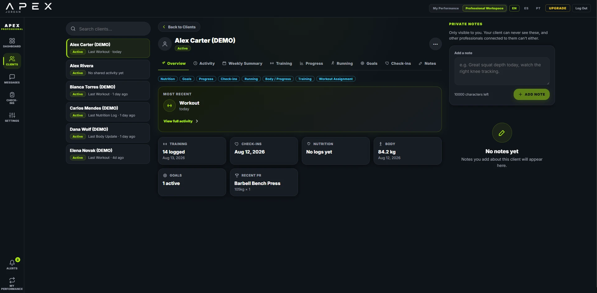 APEX Professional client detail view with sample data, showing one athlete's training, check-ins, nutrition, body, and goals in one overview.